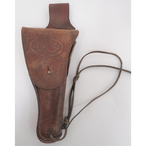 Colt 1911 Auto Pistol Leather Holster
brown leather holster.  Top flap stamped with large US.  Rear belt fixing with brass top hook.  Faint maker's stamp "JJM" dated 1917?.  Complete with unusual brown leather belt slider.  Maker stamped and dated 1922. 