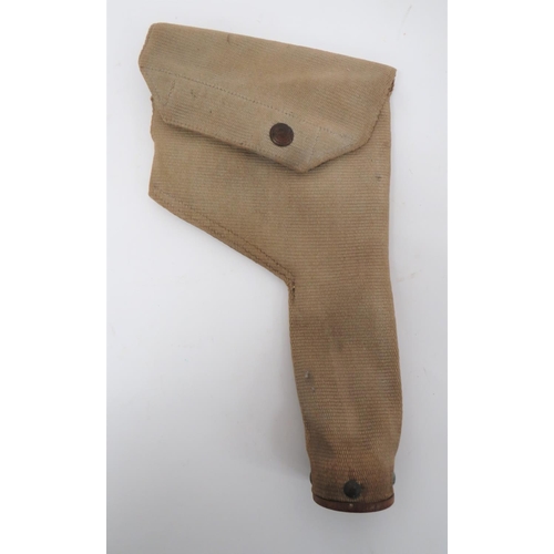 Pattern 1919 British Revolver Holster
khaki webbing holster.  Lower wooden base plug secured by four brass studs.  Top flap secured by brass press stud.  Two rear, brass belt hooks.  Minor wear.  