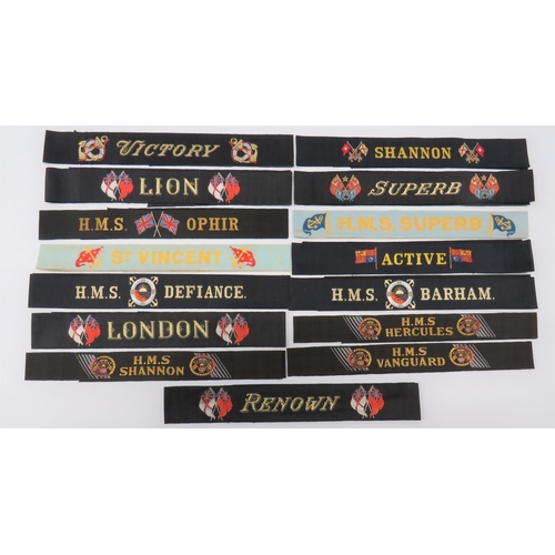 15 x Various Navy Cap Tallies
all with standards or anchors before and after the name.  Including Lion ... Victory ... HMS Ophir ... Shannon ... Superb ... Active ... London ... HMS Vanguard ... HMS Hercules.  15 items.