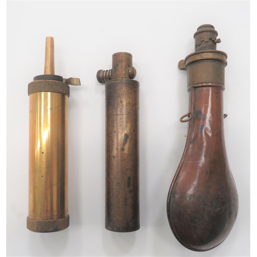 Three Various Powder Flasks
consisting plain copper body example with raised side seams.  Copper top with hidden spring and adjustable nozzle ... 2 x brass tubular examples with simple nozzles.  3 items.