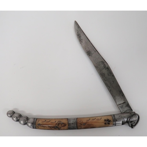 19th Century Large Spanish Vendetta Knife
7 1/2 inch, single edged, clipped point blade marked "Riberon".  Floral decorated horn slab grips with steel ferrule and mounts.   