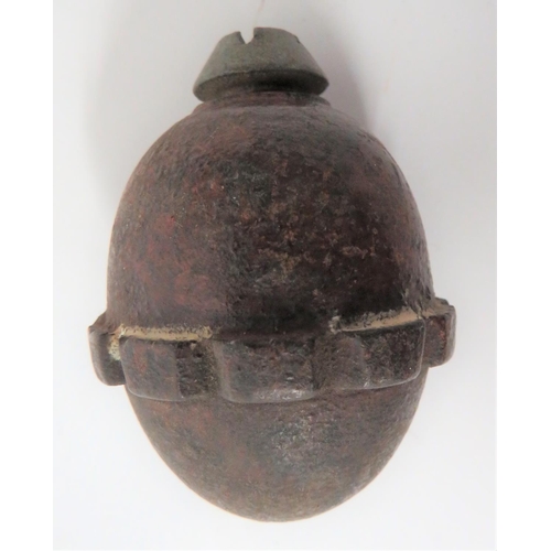 160 - WW1 Inert German Egg Grenade
cast, small egg shape body with central ridged band.  Top with rem... 