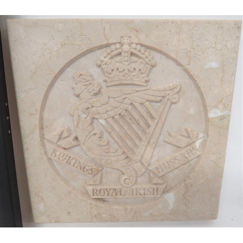 164 - Carved Marble 8th Kings Royal Irish Hussars Badge
8 1/2 inch, square section of marble.  The ce... 