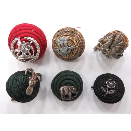 17 - 6 x Officers Cap Cord Bosses
consisting silvered elephant on green cord boss ... Silvered rose on bl... 
