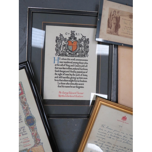 194 - Selection Of WW1 Orientated Paperwork
including 1918 Buckingham Palace Welcome Home letter (framed) ... 