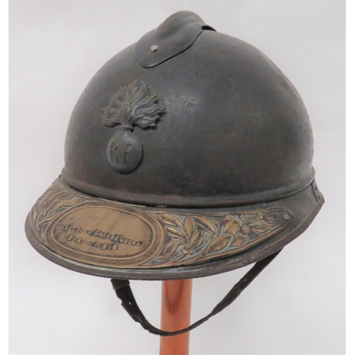 201 - WW1 Period French Infantry Helmet
blue grey painted crown with top attached comb.  Lower two part br... 