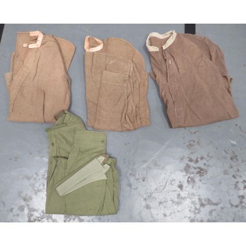 Four WW2 Pattern Collarless Military Shirts
consisting khaki green woollen example with Belfast maker to the collar band.  Half buttoned front ... Similar brown cotton example ... Similar green cotton example by Clydella ... Two loose collars.  