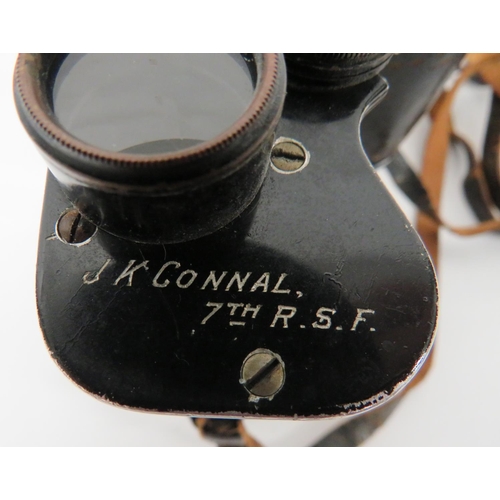 287 - WW1 Attributed 7th Batt Royal Scots Fusiliers Binoculars
leather covered body.  Blackened, adju... 