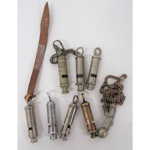 Eight Various Whistles Including WW1 Examples
white metal tubular include ADE Courcy & Co 1916 ... Hudson 1967 ... ACME City ... Hudson ARP ... Brass Hudson 1953 ... White metal Bosun's whistle on chain.  8 items.