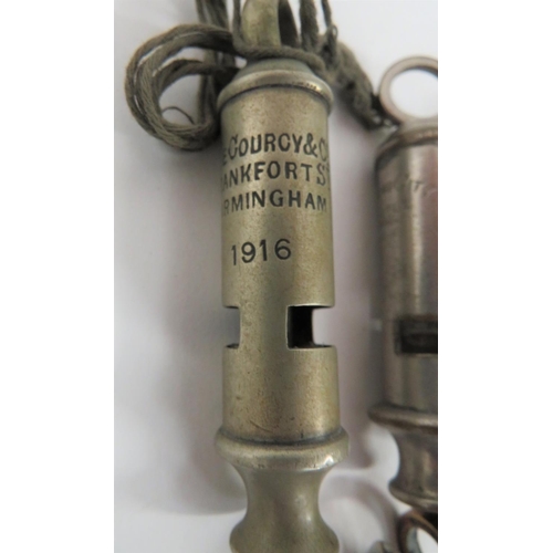 289 - Eight Various Whistles Including WW1 Examples
white metal tubular include ADE Courcy & Co 1916 .... 