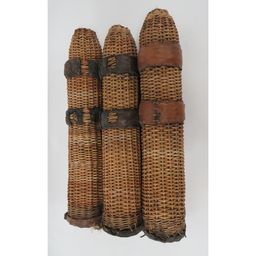 WW1 British Pattern Triple Wickerwork 18 Pounder Shell Transit Set
triple set of wickerwork, leather bound and reinforced containers to hold the 18 pounder artillery shells.  Some wear. 