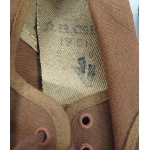 346 - Six Pairs Of Post War Plimsolls 
brown canvas uppers with black rubber edging and soles.  ... 