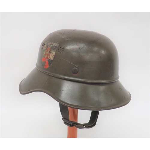 381 - WW2 Luftschutz Helmet With Bulgarian Decal
green painted crown with lower seam and attached rolled e... 