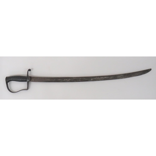 Early 19th Century European Artillery Other Ranks Sword
27 1/2 inch, single edged, slightly curved blade with narrow fuller. Steel knuckle bow, double langets and downturn quillon.  Steel ribbed grip.  Some pitting and dark patina.  