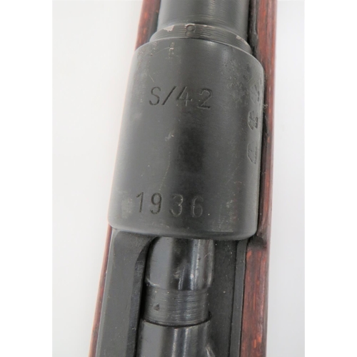 450 - Deactivated WW2 German K98 Mauser Rifle
23 3/4 inch, 7.92 mm, blackened barrel.  Front blade si... 