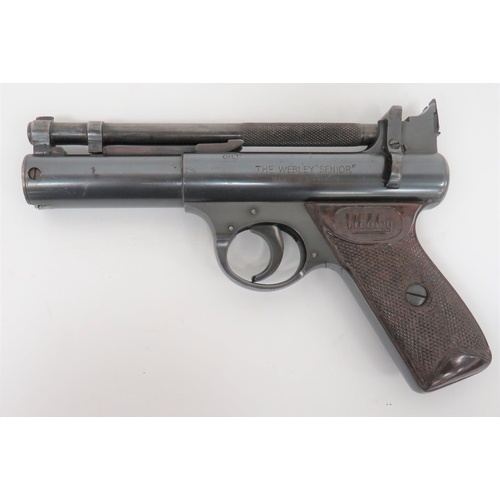 456 - Webley Senior Air Pistol
.22, 6 1/2 inch, blued barrel with checkered rear section.  Lift up ba... 