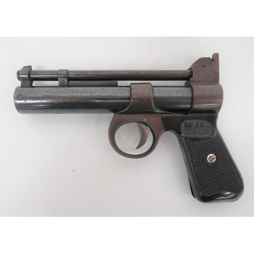 458 - Webley Junior Air Pistol
.177, 6 inch, blued barrel.  Lift up barrel cocking.  Front blade... 