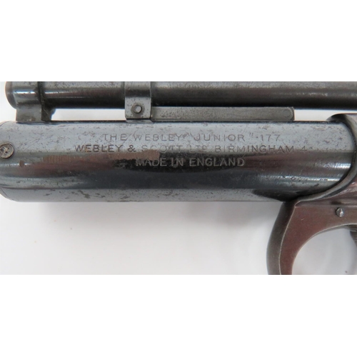 458 - Webley Junior Air Pistol
.177, 6 inch, blued barrel.  Lift up barrel cocking.  Front blade... 