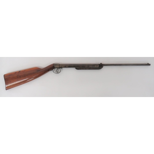 Pre War Haenel Model 45 Air Rifle
.177, 14 1/2 inch, hinged break barrel.  Front blade sight and rear V sight.  Tubular body marked "Haenel Mod 45".  Plate steel trigger guard. Possibly replaced wooden butt.  Steel butt plate.  
