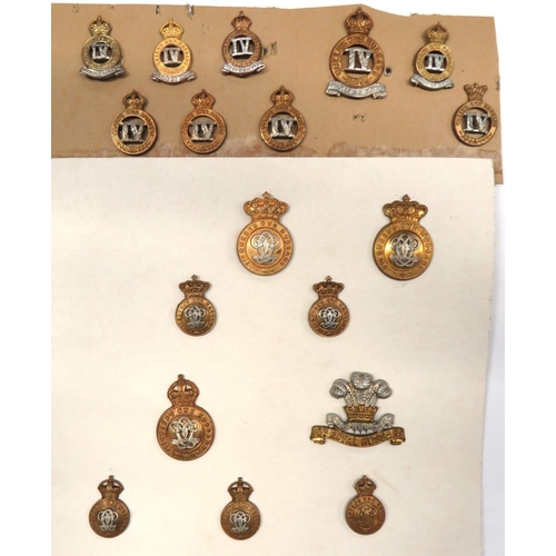 18 x 4th & 7th Hussars Cap And Collar Badges
cap badges include bi-metal KC 4th Hussars ... Bi-metal 7th Hussars .. Bi-metal KC 7th Hussars ... Bi-metal 10th Royal Hussars.  Collars include bi-metal Vic crown 4th Hussars ... Bi-metal KC 4th Hussars ... Silvered and gilt KC 4th Hussars ... Bi-metal KC 4th Hussars (no lower scroll) ... Bi-metal KC 7th Hussars ... Brass KC 7th Hussars.  