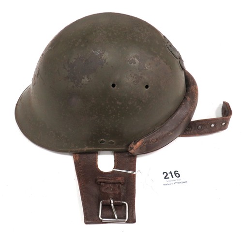 216 - French Model 1935 Armoured Troops Steel Helmet Used By Polish
green painted crown and rear brim.  Pa... 