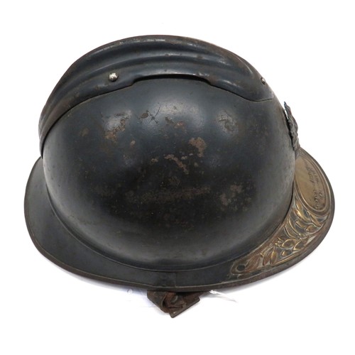 201 - WW1 Period French Infantry Helmet
blue grey painted crown with top attached comb.  Lower two part br... 