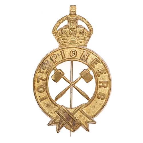 115 - Indian Army. 107th Pioneers pagri badge circa 1903-22.  Good British die-stamped brass crowned title... 