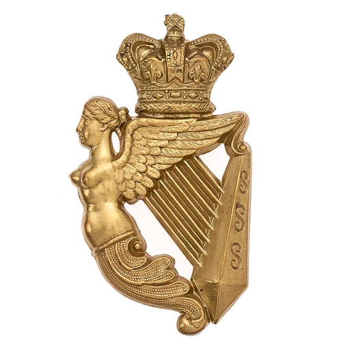 Victorian Irish badge.  Fine scarce die-stamped brass Maid of Erin Harp on the style of a cavalry arm badge.     Three toned loops.  VGC  Gordon Dine Collection.