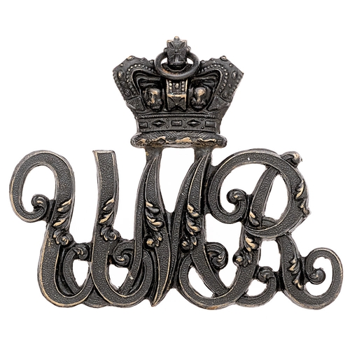 South Africa. Umvoti Mounted Rifles Victorian slouch hat badge.  Good scarce die-stamped blackened brass crowned foliated UMR cypher.  (Owen 444)    Loops and small ring behind crown  VGC