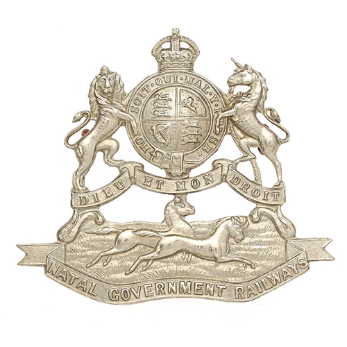 168 - South Africa. Natal Government Railway cap badge.  Good scarce die-stamped white metal Royal Arms ov... 