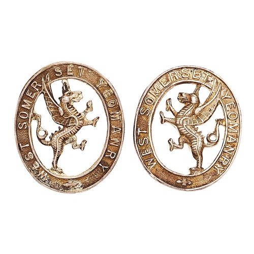 185 - West Somerset Yeomanry facing pair of Officer's collar badges.  Good scarce die-cast silver plated t... 