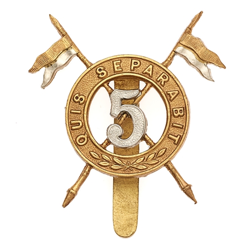 188 - 5th Royal Irish Lancers pre 1922  cap badge.  Good scarce brass QUIS SEPARABIT circlet superimposed ... 