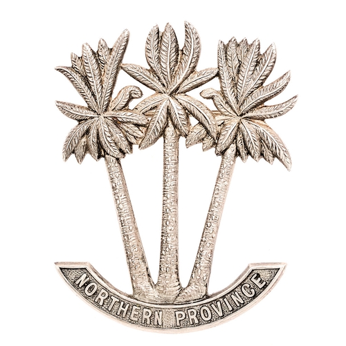 Sudan. Northern Province Police 1935 HM silver head-dress badge.  Good scarce Birmingham hallmarked silver three palm trees resting on NORTHERN PROVINCE scroll.  ES & S (Edward Stillwell & Sons)  Loops replaced with brooch pin.  VGC
