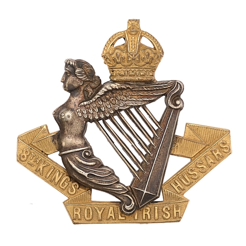 8th King's Royal Irish Hussars post 1901 Officer's cap badge.  Fine scarce unusual die-stamped gilt crowned silver Maid of Erin Harp on gilt tri-part title scroll. Blades (folded over). VGC