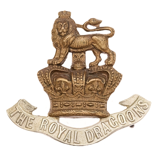 Royal Dragoons Victorian cap badge circa 1896-1901.  Good die-stamped brass Royal crest on white metal title scroll.    Three toned loops.  VGC