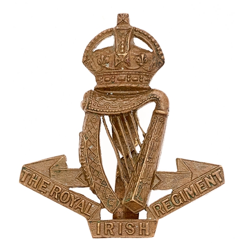 294 - Royal Irish Regiment OSD cap badge circa 1902-22.  Good scarce die-cast bronze crowned harp on tri-p... 