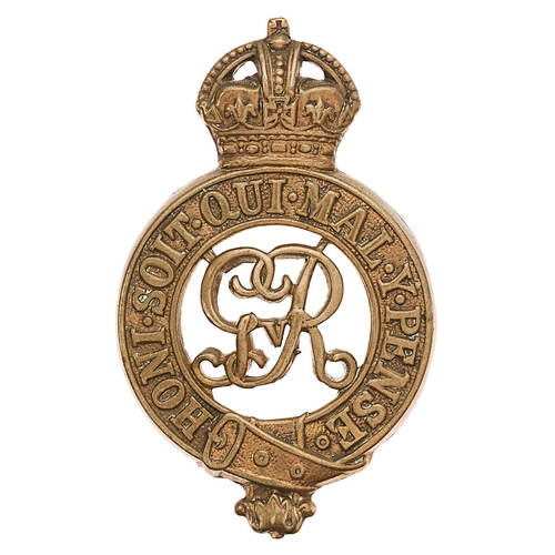 301 - Household Cavalry GvR cap badge circa 1919-36.  Good scarce die-stamped brass crowned Garter; GvR cy... 