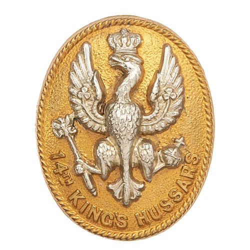 302 - 14th King's Hussars cap badge circa 1896-1915.  Good scarce die-stamped white metal eagle applied to... 