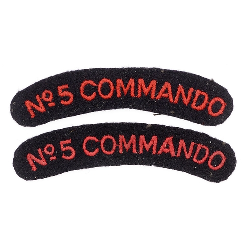 370 - No. 5  COMMANDO WW2 pair of unusual shoulder titles.  Good scarce unusual machine embroidered red le... 