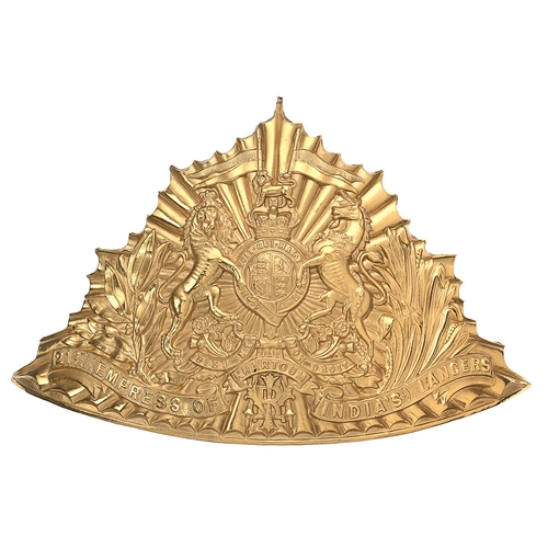 21st (Empress of India’s) Lancers Victorian lance cap plate circa 1898-1901.  A good scarce second pattern die-stamped brass triangular fluted plate bearing Royal Arms set on crossed lances, bi-part scroll 21ST (EMPRESS OF INDIA'S) LANCERS, honour KHARTOUM and VRI Cypher. Two screw posts. VGC
