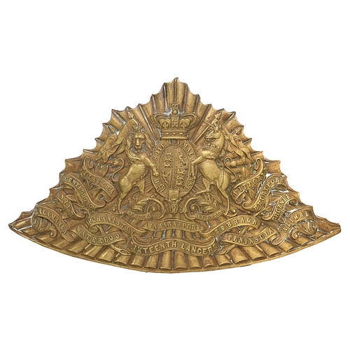 383 - 16th Queen's Lancers Victorian lance cap plate.  Good die-stamped brass triangular fluted plate bear... 