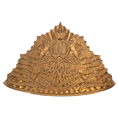 386 - 9th Queen's Royal Lancers lance cap plate circa 1905-14.  A good die-stamped brass triangular fluted... 