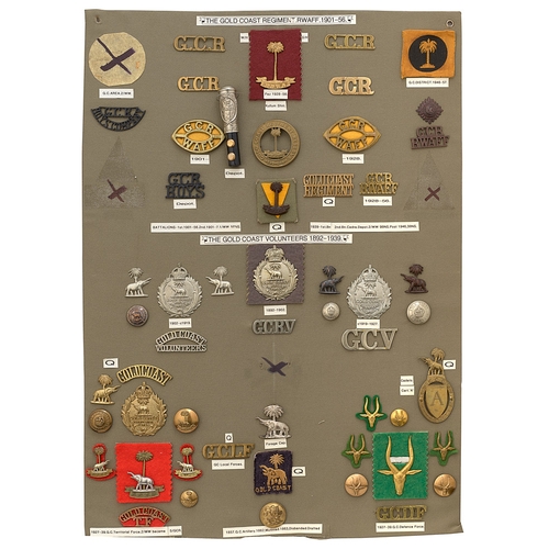 397 - 53 Gold Coast Vols & Regiment RWAFF badges etc.  Board with good display of metal and cloth badges, ... 