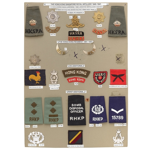 406 - 27 Hong Kong military and police badges etc.  Board with good display of metal and cloth badges. Mos... 