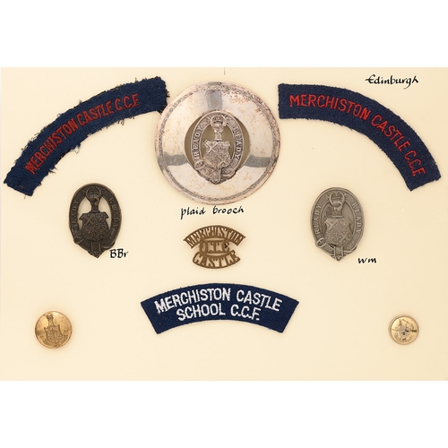 414 - Merchiston Castle School OTC and CCF 9 items of insignia.  Good assortment of badges, buttons, plaid... 