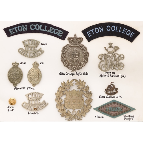 423 - Eton College Rifle Volunteers and OTC 12 items of insignia. Good assortment of badges, pouch belt pl... 