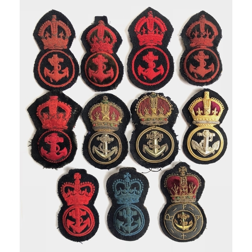11 x Petty Officer naval cap badges.  5 x King's Crown red embroidered ... 2 x King's Crown bullion ...  WW2 economy ... Queen's Crown red embroidered  ... WRNS (pre 1993) Queen's Crown ... RFA Queen's Crown.