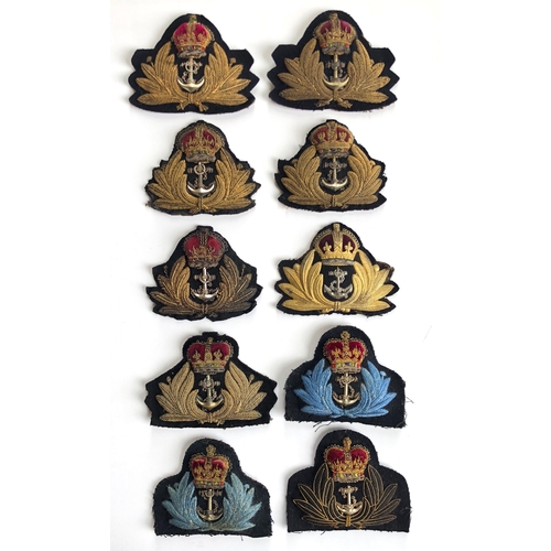 451 - 10 x Royal Navy Officer naval cap badges.  5 x King's Crown bullion ... WW2 economy ... Queen's Crow... 