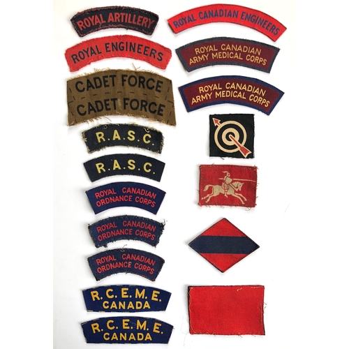 453 - 18 WW2 British & Canadian printed shoulder titles & formation signs.  Titles : ROYAL ARTILLERY ... R... 