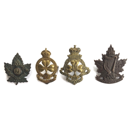 454 - Canadian Irish 4 CEF WW1 cap badges  121st ... 199th (two patterns) ... 208th. All complete with loo... 